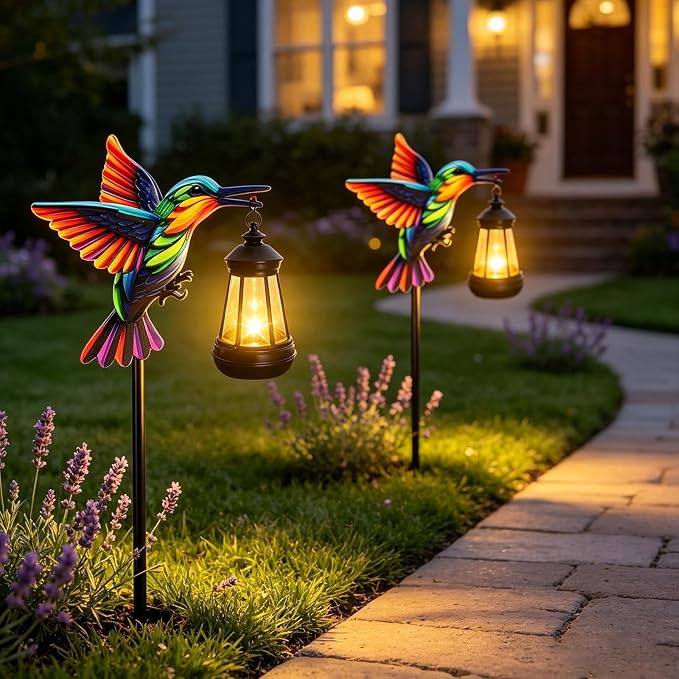 2 Pack Hummingbird Solar Garden lights Outdoor Waterproof, Gifts for Women Mom Grandma Daughter, Stake lights with Solar Lantern, Hanging Solar Lights, Solar Path Light Yard Outside Patio Garden Decor