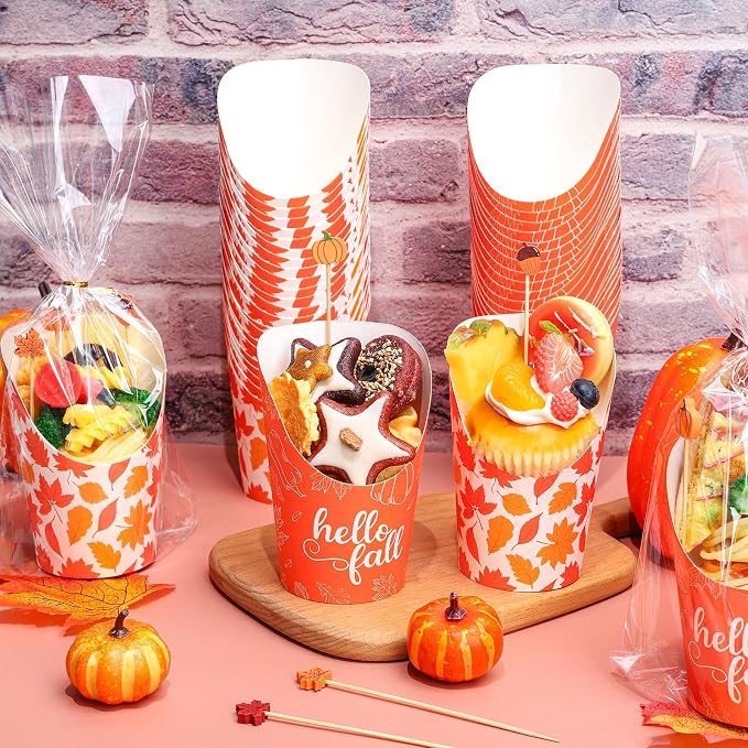 FYSUIMU 50 Pcs 14 Oz Fall Thanksgiving Charcuterie Cups with Sticks Bags Twist Ties Maple Leaves Disposable Appetizer Cup French Fry Holder for Autumn Party Favor Supplies