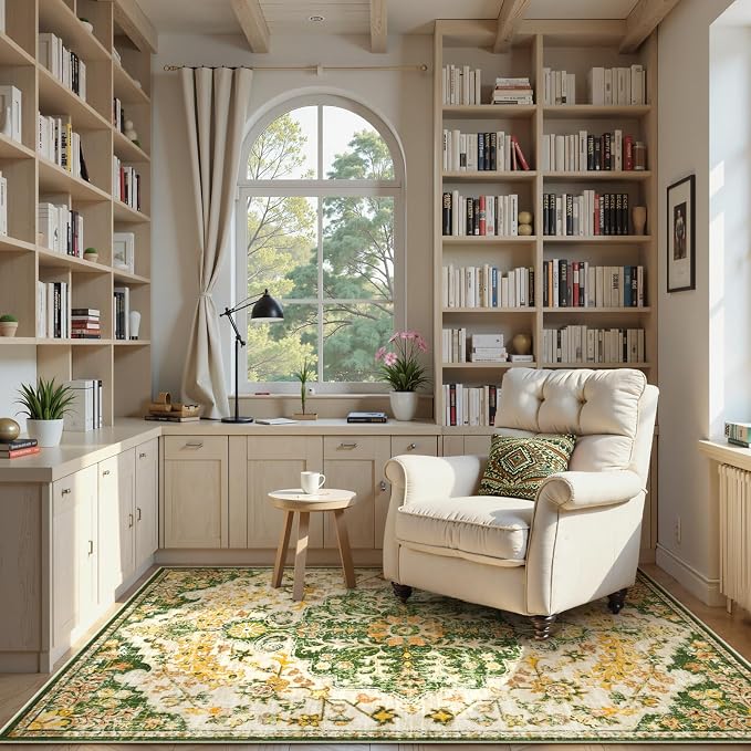 Lahome Reine Bohemian Floral Medallion Area Rug, 4x6 Soft Rugs for Living Room Washable Rugs for Bedroom, Vintage Non Slip Indoor Carpet for Apartment Dining Room Kitchen, Yellow/Green/Multi