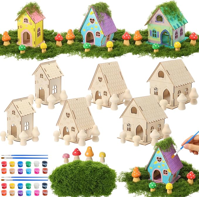 DoubleFill 6 Sets Wooden Fairy House Craft Kit for Kids - Classroom DIY Fairy Garden with Paints & Decorations - School Arts Crafts & Birthday Gift for Activity Party Decor (3 Mixed Cute Roof Styles)