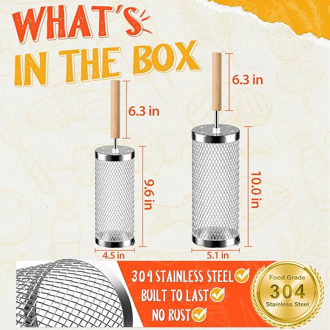 Rolling Grill Basket 2-Pack,304 Stainless Steel Grill Basket with Removable Wooden Handle,BBQ Tool & Smoker Accessory for Grill Rotisseries Veg & Shrimp,Ideal for Outdoor Cooking,Camping & Gifts for Dad/Husband/Men