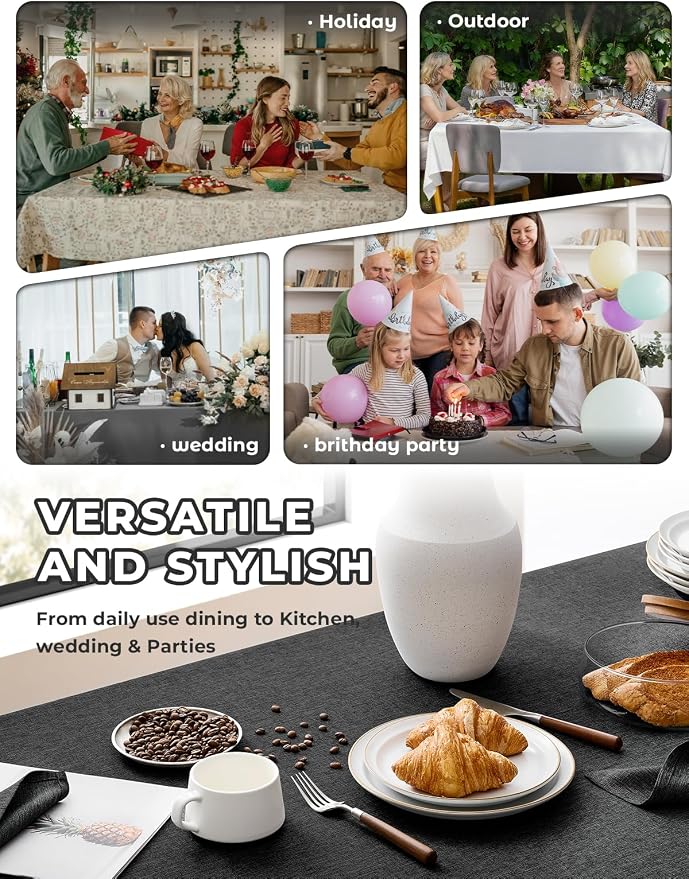 Decorelia Waterproof Farmhouse Table Cloth for 4 Ft Rectangle Table, Anti-Scratches Small Outdoor Dining Table Cloth for Party, Camping, Banquet and Wedding (Oblong, 52 x 70 Inch (4-6 Seats), Black)