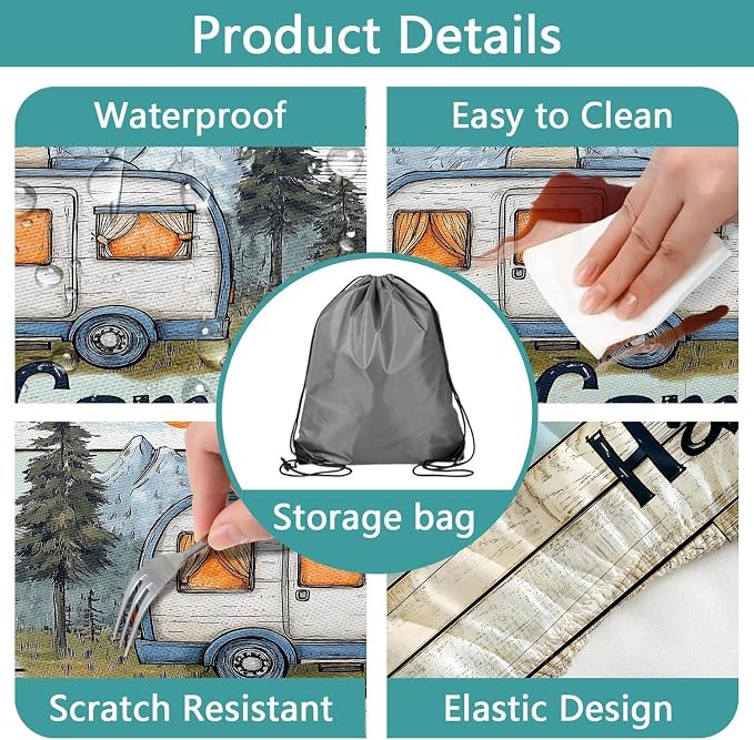 Wooden Camper Picnic Table and Bench Cover, Camping Table Cover with Drawstring Bag, Waterproof Windproof Outdoor Elastic Tablecloth, Fitted Rectangle Tables and Seats 3 Pieces Set, 30x60 Inch