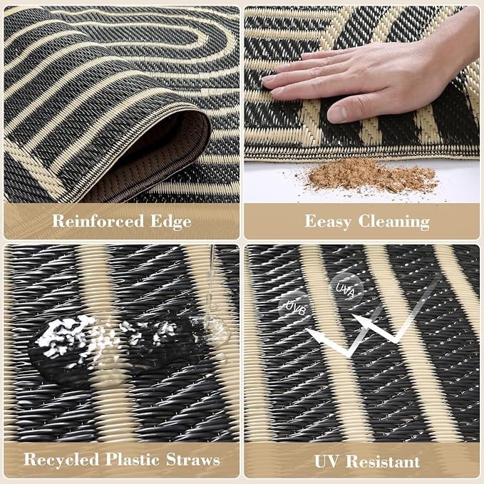 Lahome Black Outdoor Rugs 8x10 Waterproof,Boho Outdoor Porch Rug for Camping, Plastic Straw Stain Resistant Mats for Outside Rv Beach Backyard Garden Under Awning(Black,8'x10')