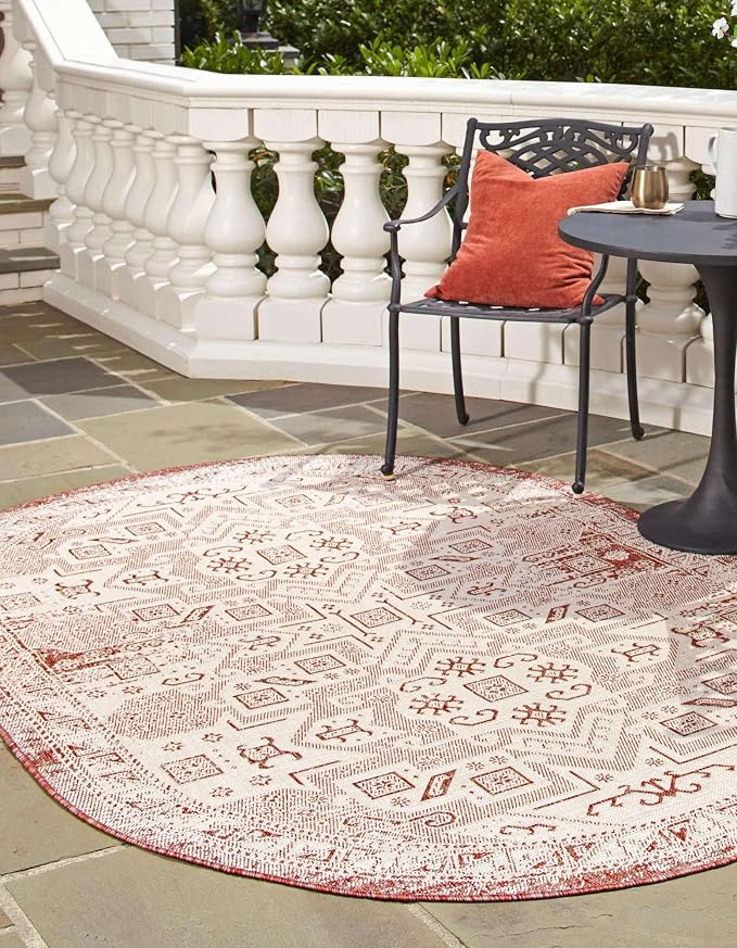 Unique Loom Outdoor Aztec Collection Area Rug - Coba (7' 10" x 10' Oval, Rust Red/ Ivory)
