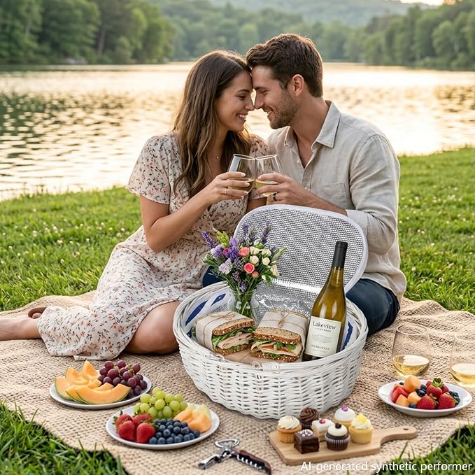 Wicker Picnic Basket with Insulated Lined Bag 15“ x 11” x 7“ Blue, White Star Stripe Pattern, Iced Beer Insulated Bag for Camping, Picnics, Birthday Gifts, Wedding Gifts