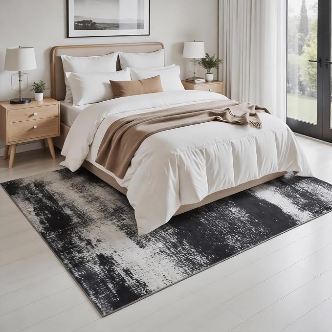 Black 6x9 Area Rug for Living Room Washable 6x9 Rug Non-Slip Modern Rugs for Bedroom Dinning Room Ultra-Thin Indoor Charcoal Distressed Black Rug