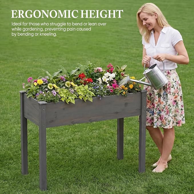 DUMOS Raised Garden Bed 48x24x30 Inch, Outdoor Planter Box with Legs, Elevated Wood Garden Bed with Liner for Herbs Flowers Vegetables, Wooden Planter Box for Patio, Balcony and Backyard, Grey