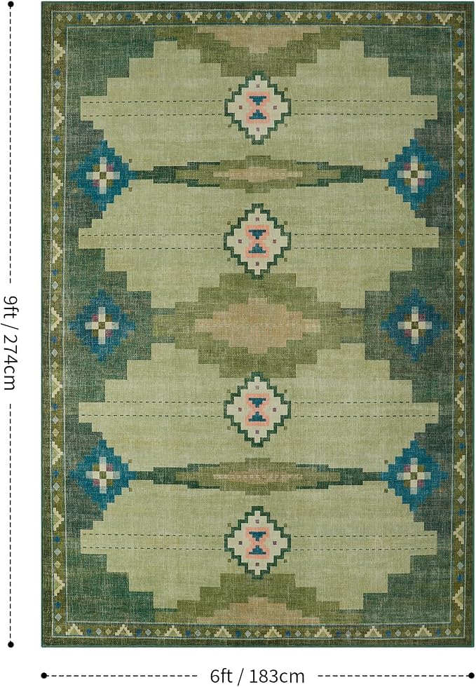 YIHOUSE 6’x9’ Washable Green Mid Century Modern Area Rug for Living Room | Soft, Non-Slip, Low Pile, Funky Retro Aztec Rug for Bedroom Dining Room Playroom, Green