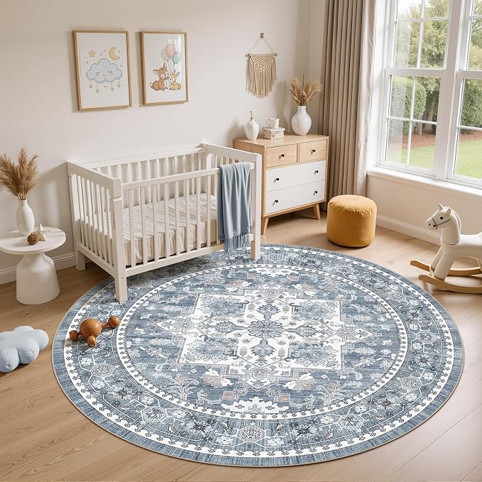 Washable Area Rug-8X8 Vintage Neutral Soft Blue | Non Slip Thin Foldable Large Floor Carpet for Living Room Bedroom Kitchen Dining Room Home Office Farmhouse Indoor