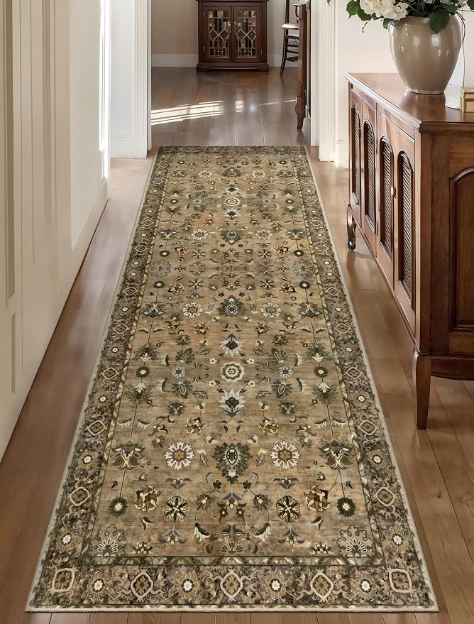 Tangsoo Brown 2.6x14 Washable Runner Rugs for Hallway, Non Slip Long Rug | Vintage Floral Soft Low Pile 14ft Long Rug Runner, Farmhouse Oriental Indoor Carpet Runner for Bedroom Entryway Living Room
