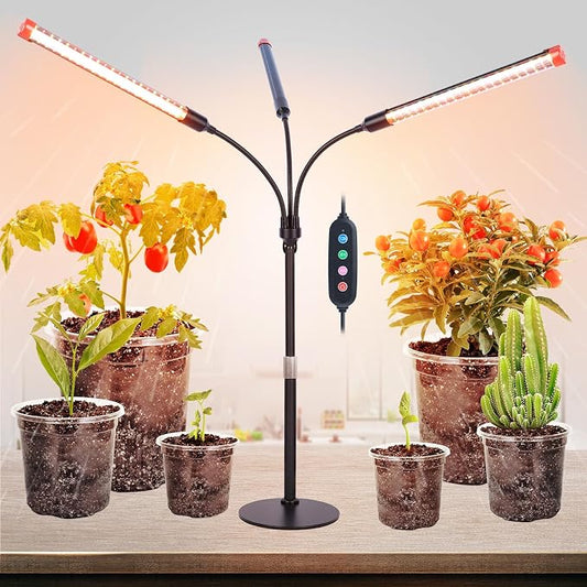 FRGROW 3Head Tabletop Grow Lights for Indoor Plants, Seed Starting, Vegetables, Bonsai, Bright Desk Plant Growing Lamps, 4/8/12/16/20H Timer, 27 Watt Power Draw, NO Need Adapter, 360° Gooseneck