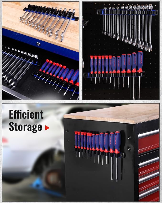 WORKPRO Magnetic Screwdriver and Wrench Organizer Set, 24-Slot Tool Holders | 2-Pack Aluminum Rails, Magnetic Force, Flexible High-Tension Tool Clips, For Tool Box Drawer & Wall-Mount Storage