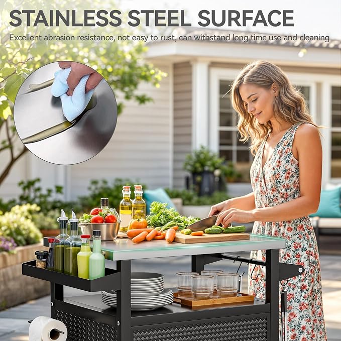 YITAHOME 25 Inch Outdoor Grill Cart with Stainless Steel Top, Outdoor Grill Table with Storage Shelves for Patio, Kitchen Prep, Grilling Accessories, Black