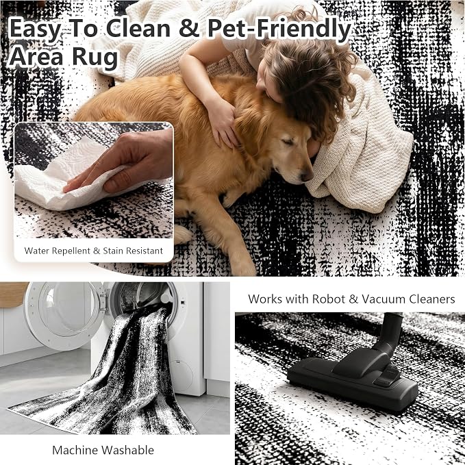 Black 6x9 Area Rug for Living Room Washable 6x9 Rug Non-Slip Modern Rugs for Bedroom Dinning Room Ultra-Thin Indoor Charcoal Distressed Black Rug