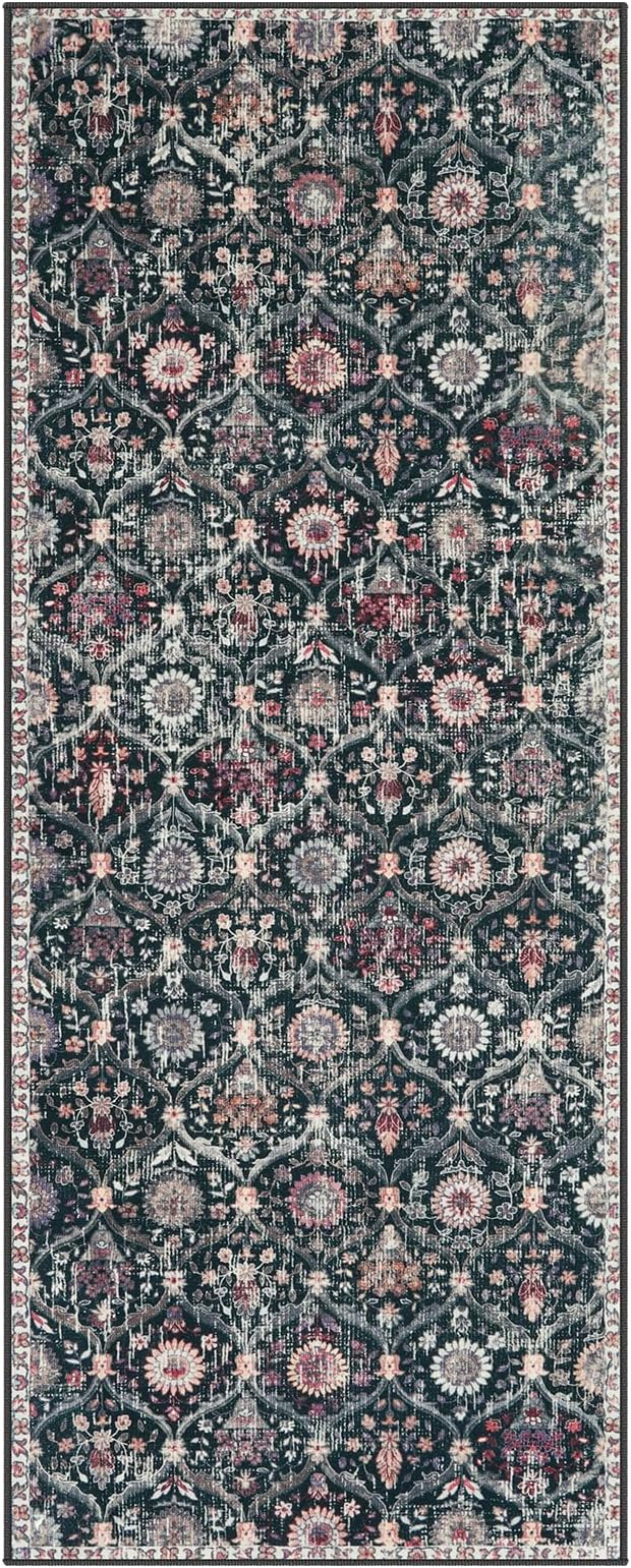 Lahome Moroccan Kitchen Runner, 2x5 Rug Runners for Hallways Non Slip | Laundry Room Rug Trellis Ultra-Thin Washable Vintage Carpet for Bedroom Bathroom Elise, Black/Multi
