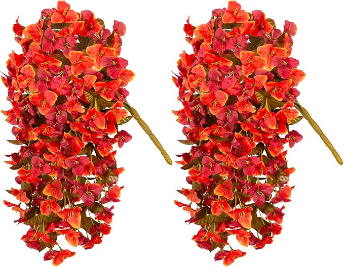 INXUGAO 2 pcs Artificial Faux Bougainvillea Fall Flowers Plants for Outdoor Outside Decoration, Fake Silk UV Resistant Long Trailing Vines for Front Door Porch Planter Balcony Decor