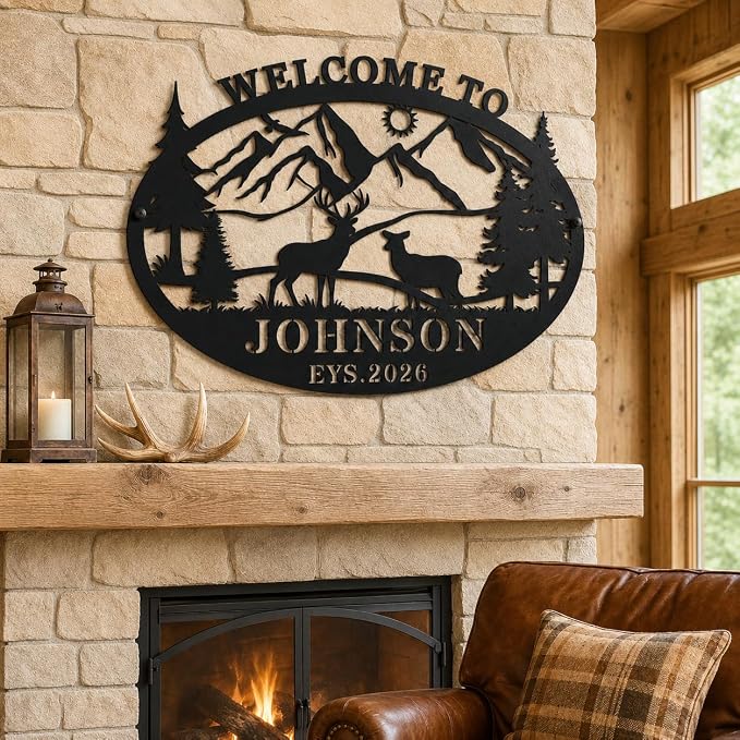 Personalized Deer Metal Cabin Sign Custom Family Name Sign Rustic Metal Wall Art for Outdoor Indoor Cabin Decor Hunting Lodge Patio Living Room Hunter Gift