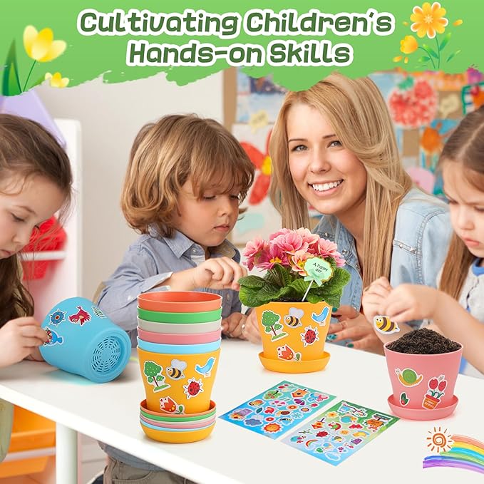 Cosweet 24 Pack Durable Resin Garden Pot Craft Kit for Kids - Colorful Flower Plant Spring Crafts with Stickers & Blank Labels, School Activities Growing Kit for Classroom Home DIY Gift 4+ Years
