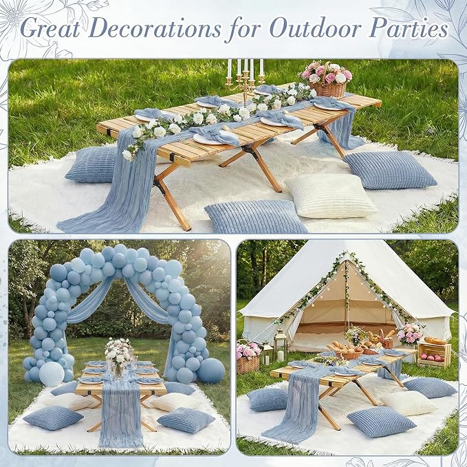91 x 71 Extra Large Outdoor Boho White Picnic Blanket with Blue Table Runner, 6 Napkins and 6 Throw Pillow Covers Table Decor for Beach Picnic Camp Wedding Party Birthday Baby Shower