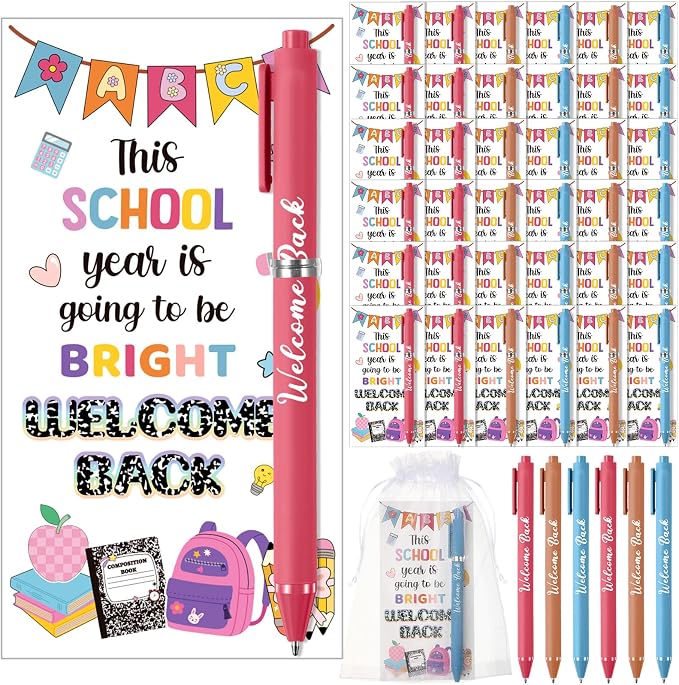 Marspark 30 Set Welcome Back to School Gifts Bulk Ballpoint Pens and Greeting Cards Set with Bags Twist Ties Composition First Day of School Gifts for Teacher Student Classroom Party Favors Supplies
