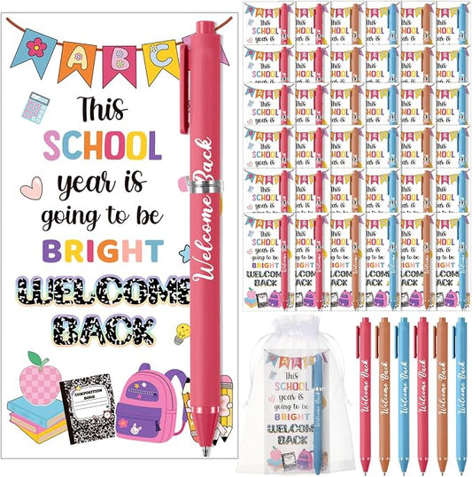 Marspark 30 Set Welcome Back to School Gifts Bulk Ballpoint Pens and Greeting Cards Set with Bags Twist Ties Composition First Day of School Gifts for Teacher Student Classroom Party Favors Supplies