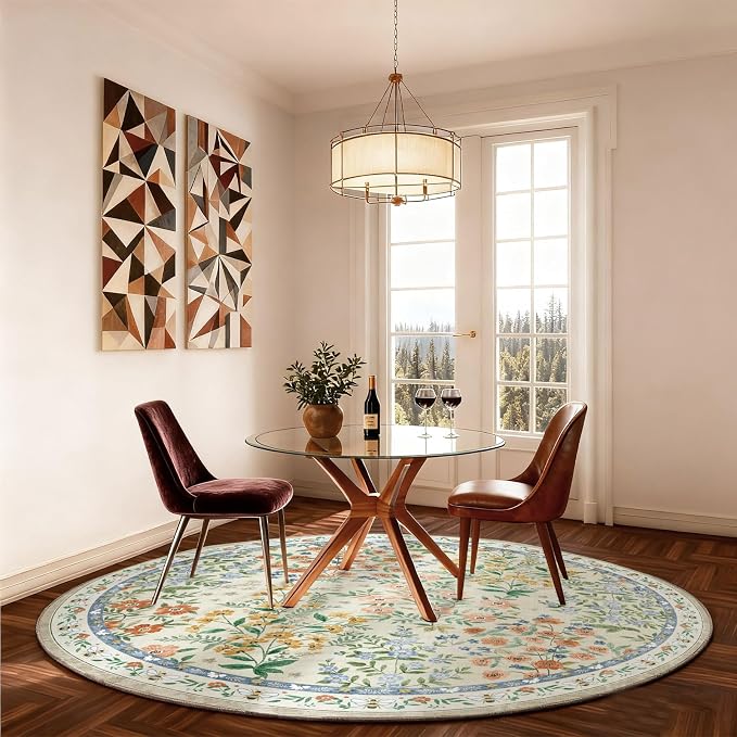 Washable Round Rugs for Bedroom 4ft: Living Room Rug Stain Resistant Non Slip Low Pile Ultra Soft Faux Wool Small Circle Rugs for Entryway Kitchen Bathroom Nursery Dorm Home Office Entrance Indoor