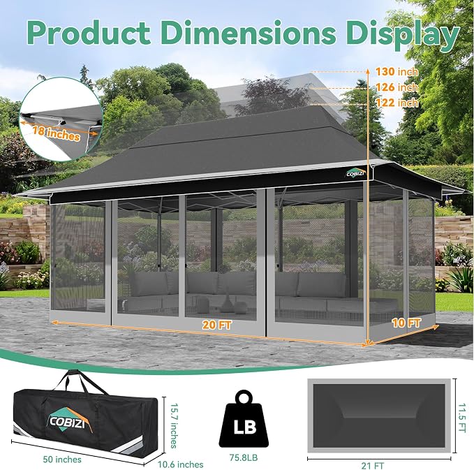 COBIZI 12x20 Pop up Canopy Tent - Gazebo, Party Tents for Parties, Carpas para Fiestas, Large Outdoor Popup Patio Screened Gazebos, Shelter Tents with Net for Backyard, Commercial,Darkgrey