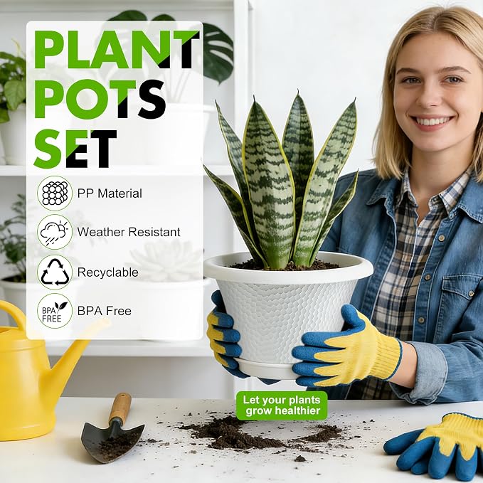 Quarut 12 Inch Plant Pot,4 Pack Large pots for Plants,Flower Pots with Drainage Hole & Saucer,Modern Planters for Indoor Outdoor Plants,Decorative Resin Garden Pots,White