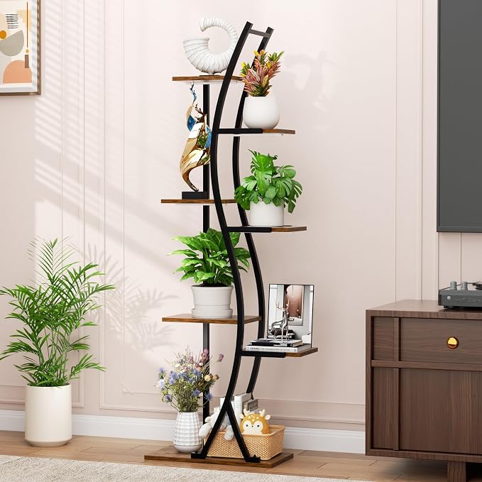 MJOMKN 62" Plant Stand Indoor with Grow Lights - 7 Tiered Tall Metal Plant Shelf - Corner Wooden Plant Stand for Indoor Plants Multiple, Large S-Shape Flower Rack Holder for Living Room, Garden, Patio Decor