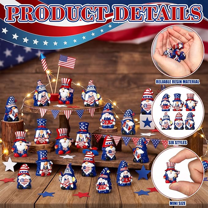 Yaomiao 60 Pcs Mini Resin 4th of July Gnomes Figurines Bulk Small Resin Patriotic Gnome 250th Anniversary Miniature Gnomes USA America Independence Day Decoration for Table Landscape Tiered Tray Decor
