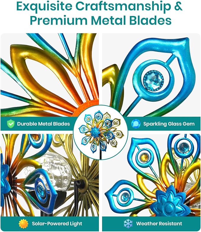 63" Solar Wind Spinners Outdoor, 13" Metal Kinetic Garden Art Decor | Artisan Hand-Crafted,Weather-Resistant,Heavy-Duty,Whisper-Quiet Bearings,Auto-Glow Solar Crackle,Stable 5-Prong Ground Stake