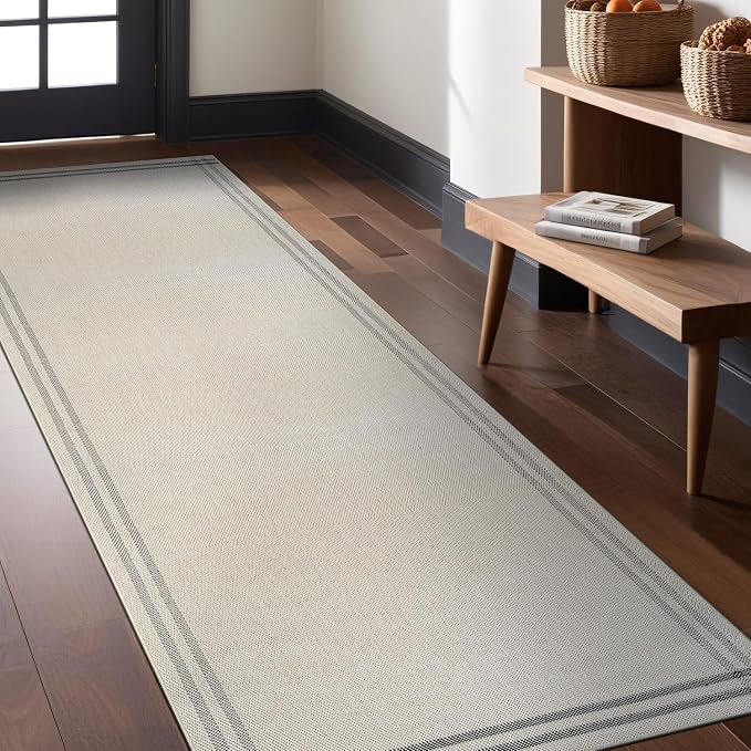 Luul Home Easy Jute Rugs 2x7 Bordered Bone Color Living Room Indoor Outdoor Runner Rug for Patio and Kitchen Rug High Traffic Washable Easy to Clean Solid Boho Woven Design Outside Carpet (2 x 7)