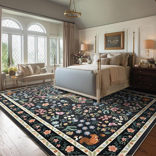 Area Rug Vintage Floral Deer Pattern 9x12 - Bohemian Forest Animal Carpet with Squirrel & Butterfly, Soft Decorative Area Rug for Living Room Bedroom Home Decor