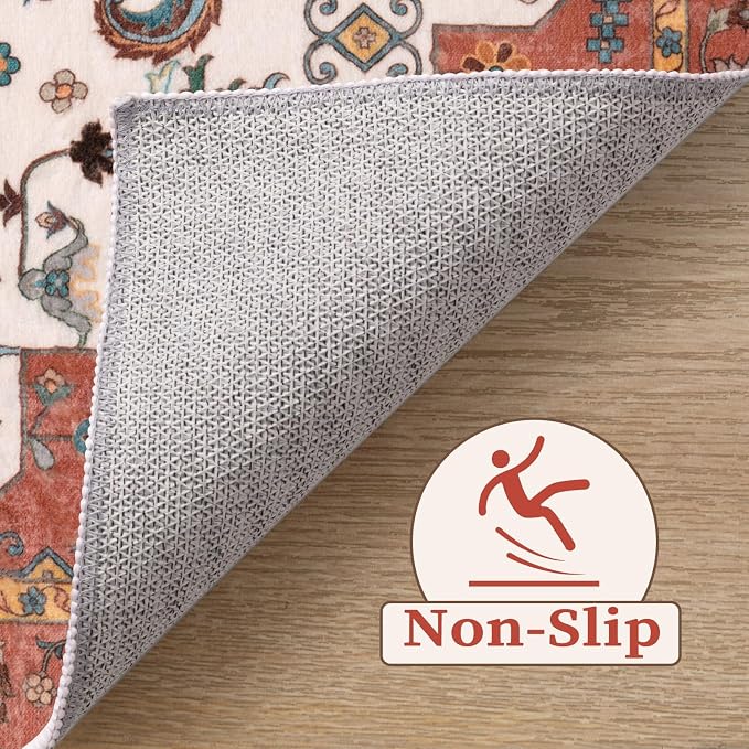 SERISSA 8x10 Washable Non Slip Boho Area Rug for Living Room，Orange | Ultra Soft Vintage Oriental Carpet Low-Pile Distressed Tribal Throw Carpet for Dining Room Bedroom Dorm Office Home Decor