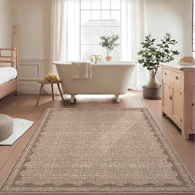5x7 Scalloped Area Rugs Coffee Washable Living Room Bedroom Rug | Solid Tan Rug for Bedroom Girls, Non Slip Throw Carpet With Rubber Back, Soft Dorm Nursery Scalloped Rugs for Dining Room