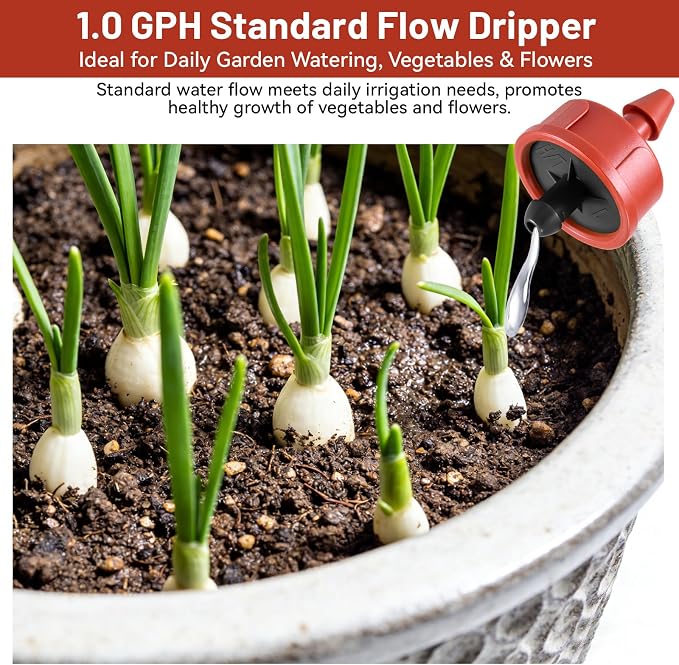 100 PCS 1 GPH Pressure Compensating Drip Irrigation Spot Watering Dripper, Standard Flow Drip Irrigation Emitters Heads for Vegetables Flowers Irrigation Drippers Parts for Outdoor Garden Beds Balcony