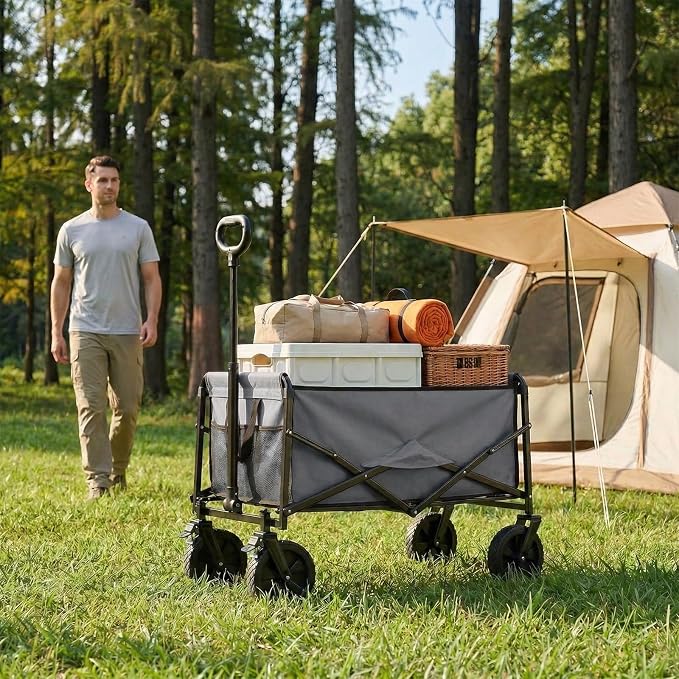 NEWBULIG Collapsible Wagon Cart, 102L Standard, Portable Heavy Duty Pull Cart with Lockable Wheels, 330 lbs Capacity, Adjustable Handle for Beach, Sports, Camping, Shopping & Garden, Gray