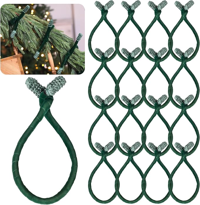 Jutom 16 Pcs 25 Inches Christmas Velvet Garland Ties Decorative Banister Twist Ties Reusable and Flexible for Xmas Light Banisters Home Stairways Railings Decoration(Green)