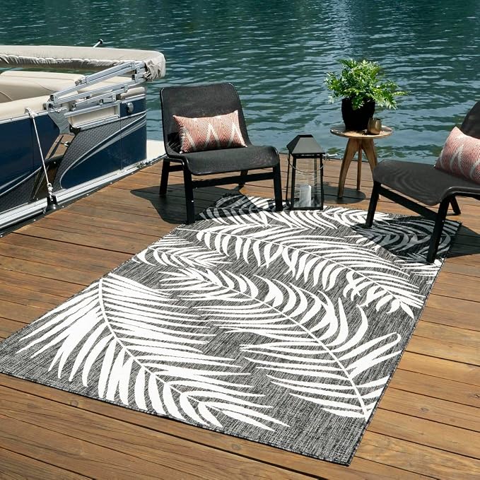 Unique Loom Outdoor Botanical Collection Area Rug - Palm (10' x 13' 1" Rectangle Charcoal/Ivory)