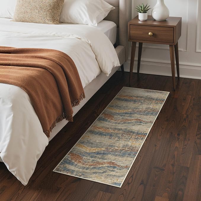 BEIMO 2x10 Non Slip Runner Rugs for Hallway, Wave Abstract Taupe Glod | Soft Machine Washable Modern Runners,Streaks Ocean Pattern Indoor Marble Brown Carpet for Kitchen Laundry Bedroom Bathroom