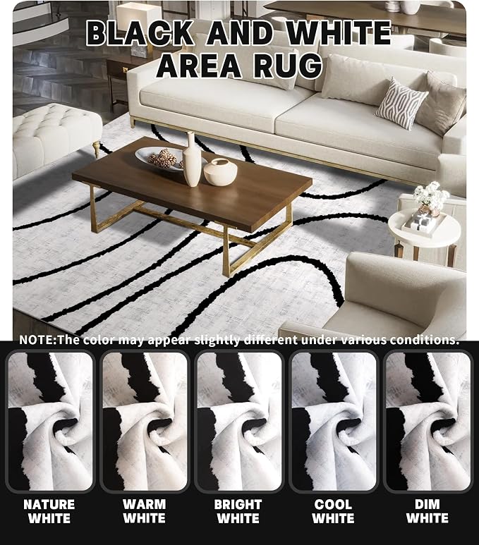 Modern Area Rugs for Bedroom,5x7 Washable Black and White Rug, Thin Abstract Geometric Minimalist Striped Rug, Black Rugs for Bedroom,Kitchen,Dining Room Office