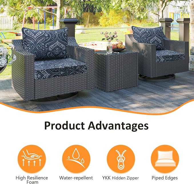 Unimatta Outdoor Patio Chair Cushions Set, 22" x 22", Set of 2, Water-Repellent, Fade Resistant, Deep Seat Bottom and Back Cushion for Backyard, Couch, Sofa and Patio Furniture, Damask Blue Flower