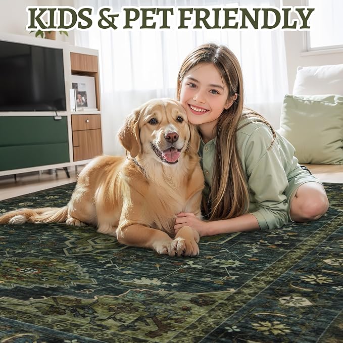 Vintage 2.6x10 Washable Hallway Runner Rug, Non Slip Runner Rug Green | Oriental Low Pile Long Rug Runner, Boho Print Carpet Runners for Hallway Kitchen Bedroom Entryway Living Room Olive Green