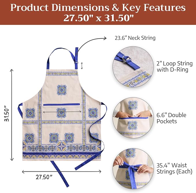 Maison d' Hermine Aprons for women with Pocket 100% Cotton (27.50"x31.50") | Adjustable Neck Strap & long ties Apron Men Chef Wedding Cooking Gardening Server Maid
