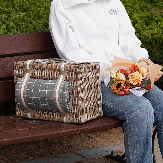 Wicker Picnic Basket for 2 - Willow Basket with Waterproof Picnic Blanket | Willow Picnic Set with Insulated Cooler | Wicker Hamper with Cutlery Kit | Gift Basket for Christmas, Thanks Giving, Grey