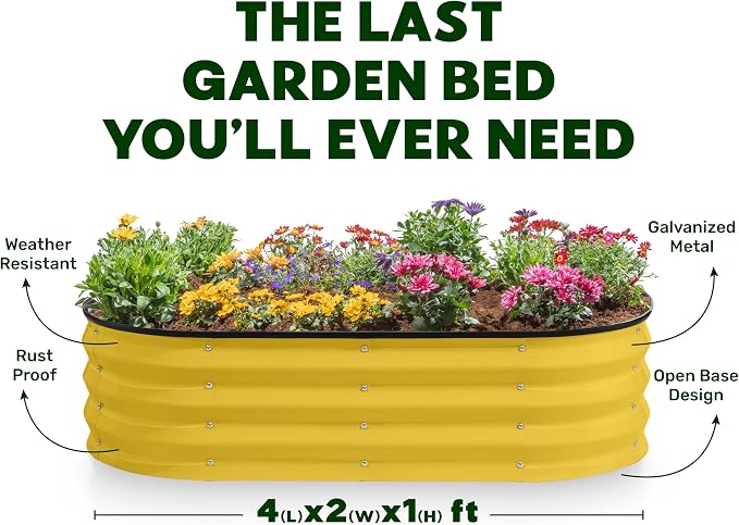Plant & Plot Galvanized Raised Garden Beds Outdoor // 4×2×1 ft Planter Raised Beds for Gardening, Vegetables, Flowers (Yellow) // Large Metal Garden Box