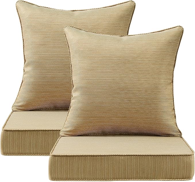 Outdoor Deep Seat & Back Cushion Set (2-Pack), 24 x 24 Inch Water Repellent and Fade Resistant Patio Furniture with Removable Cover for Outside Sofa Couch, Yellow Weave Pattern