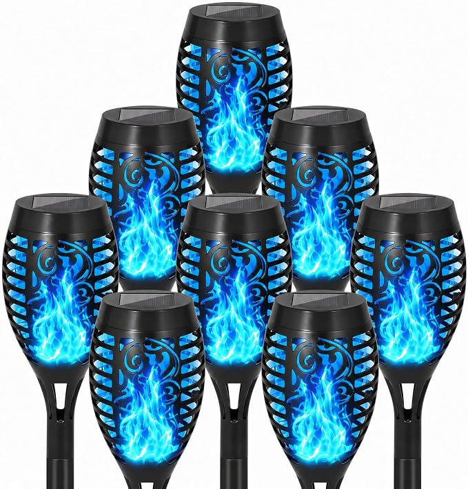 Solar Torch Flame Lights, Flickering Flame LED – Waterproof Solar Garden Lights for Patio, Yard, Pathway, Landscape & Backyard Décor (Blue-8 Pack)
