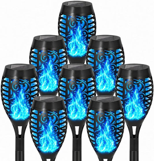 Solar Torch Flame Lights, Flickering Flame LED – Waterproof Solar Garden Lights for Patio, Yard, Pathway, Landscape & Backyard Décor (Blue-8 Pack)